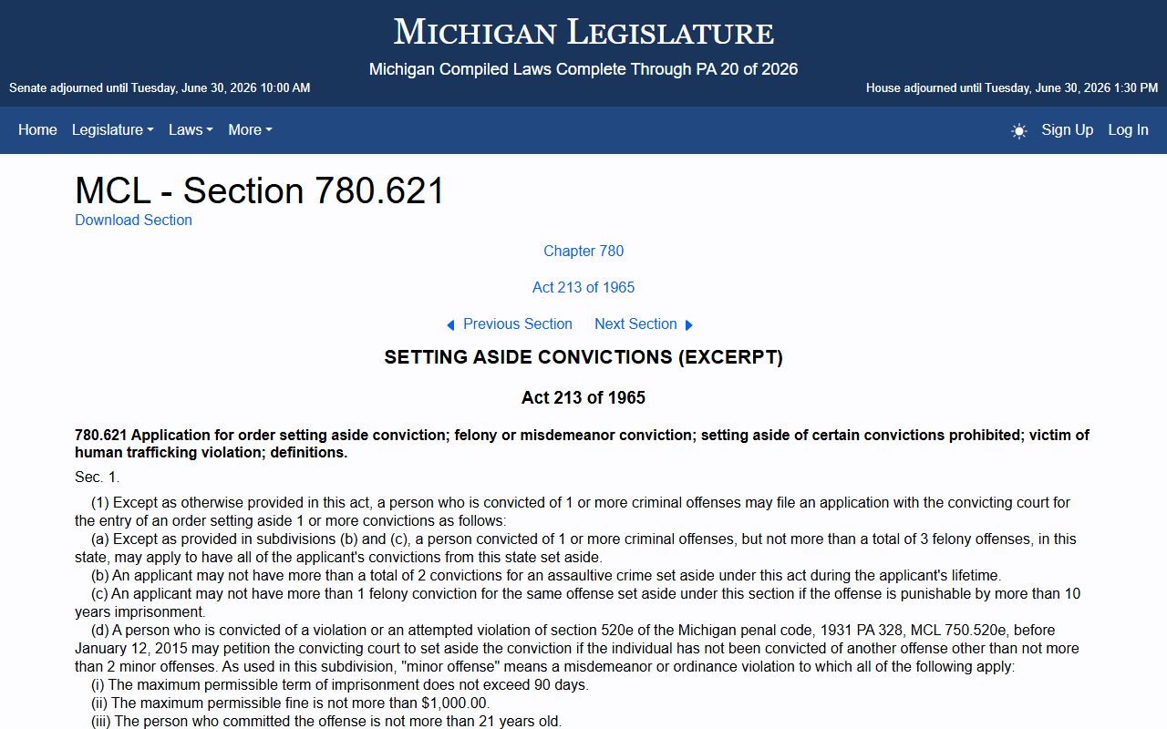 Eaton County criminal court records set-aside statute MCL 780.621