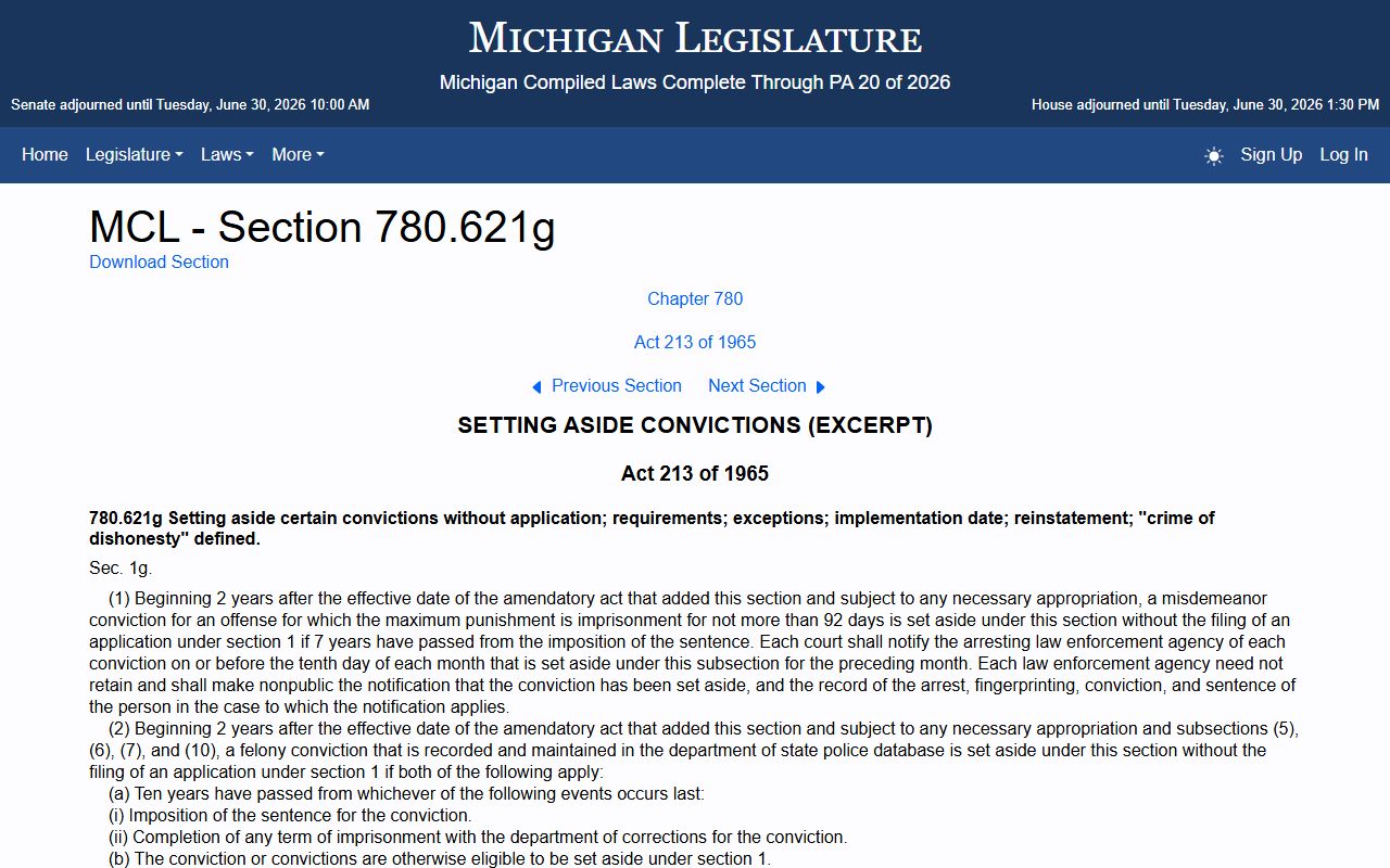 Eaton County criminal court records clean-slate expungement statute MCL 780.621g