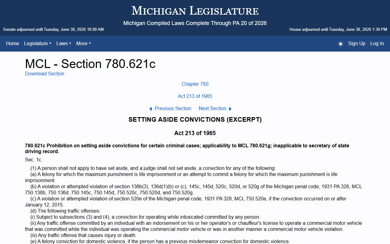 Eaton County criminal court records automatic set-aside statute MCL 780.621c