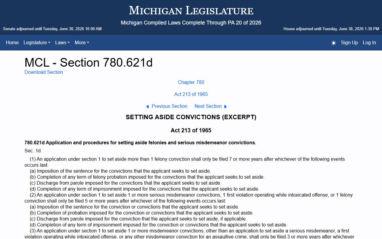 Eaton County criminal court records minor-offense set-aside statute MCL 780.621d