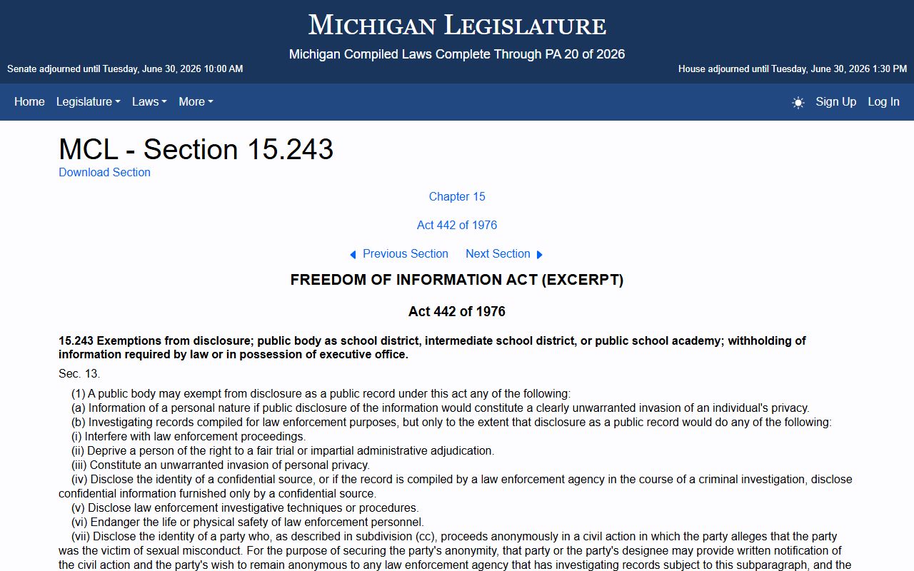 Eaton County court records restrictions under the Michigan FOIA exemptions statute